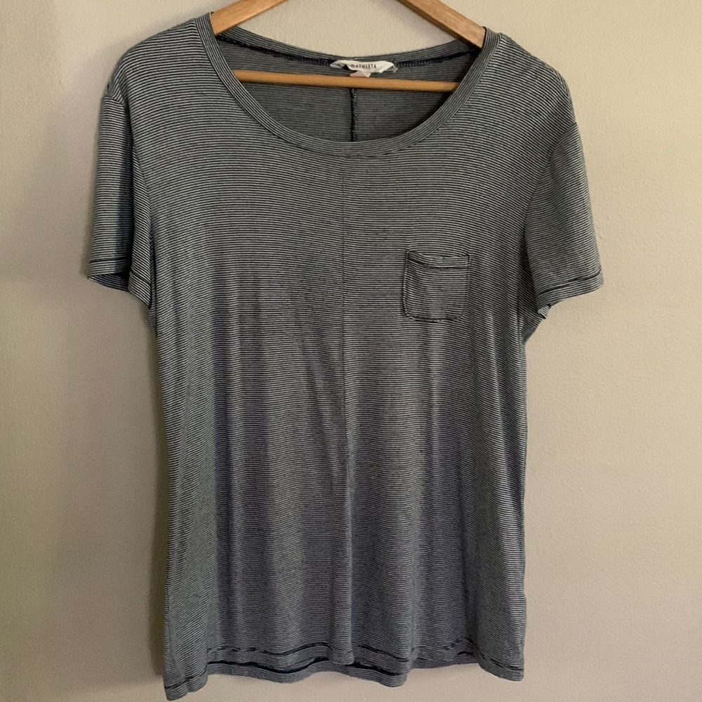 Athleta Navy Blue and White Striped Pocket Stretch Short Sleeve T-Shirt